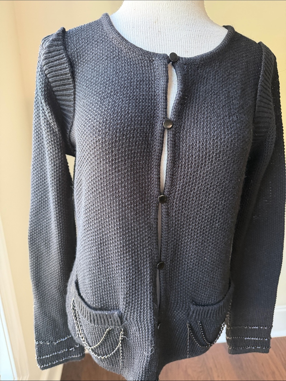 Black Knit Cardigan with Pocket Chain Accents